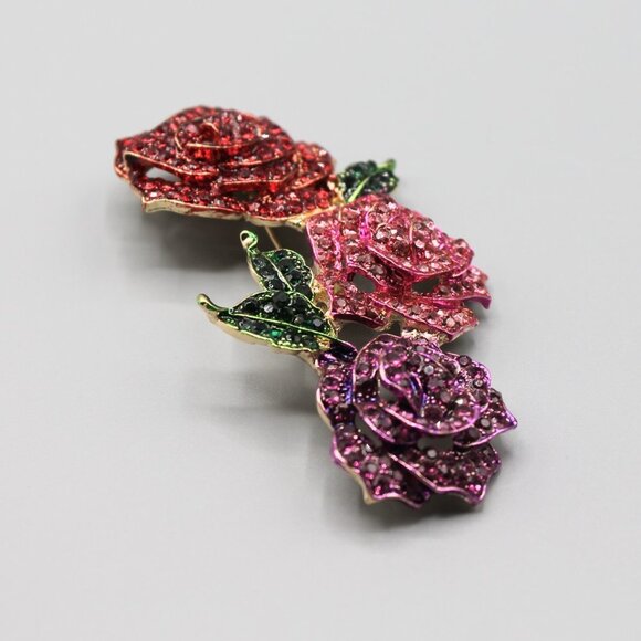 Jewelry pin brooch rose roses flower large gold tone pink red purple fashion - Picture 10 of 12